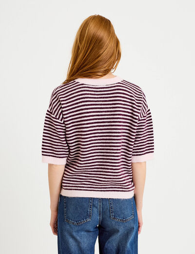Pull ample duveteux manches courtes prune femme