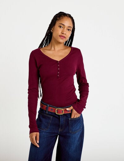 T-shirt c&ocirc;tel&eacute; ajust&eacute; manches longues bordeaux femme