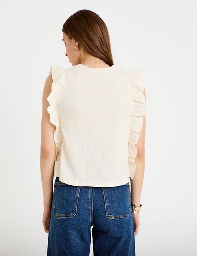 T-shirt sans manches col v brod&eacute; ecru femme