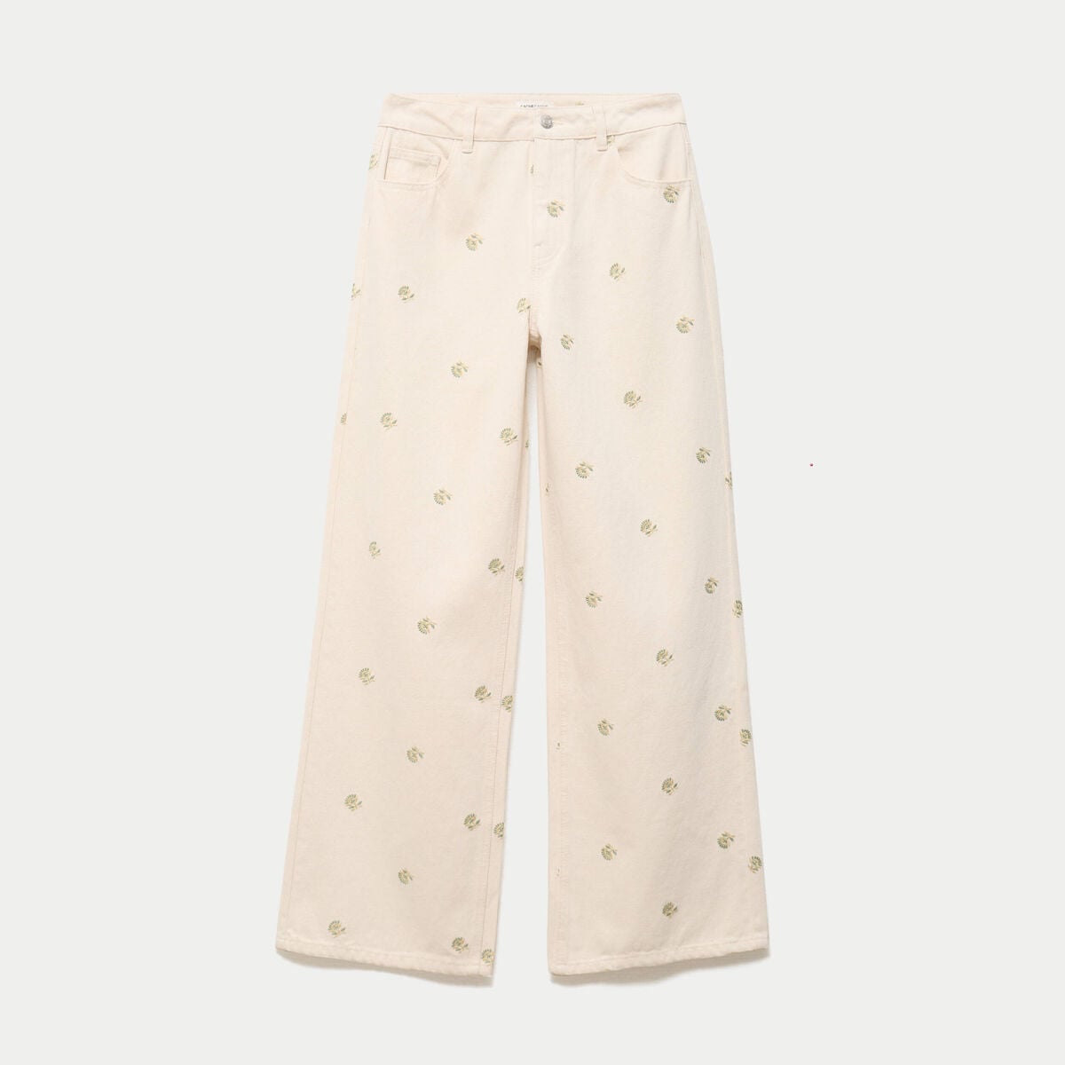 Jean wide leg taille haute brod&eacute; denim blanc femme