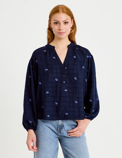 Blouse avec broderie bleu fonc&eacute; femme