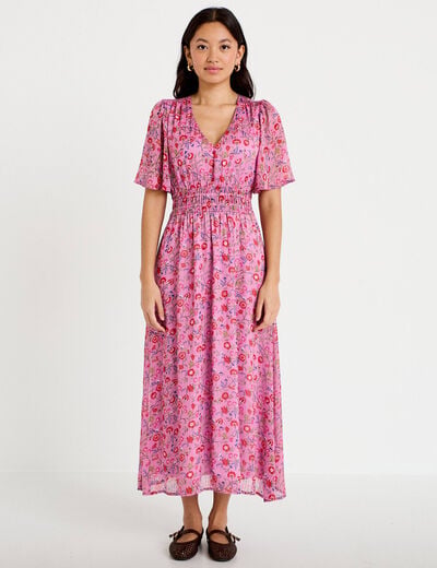 Robe longue &eacute;vas&eacute;e voile manches courtes rose femme
