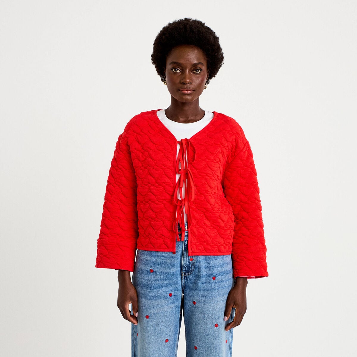 Gilet droit col v manches longues rouge femme