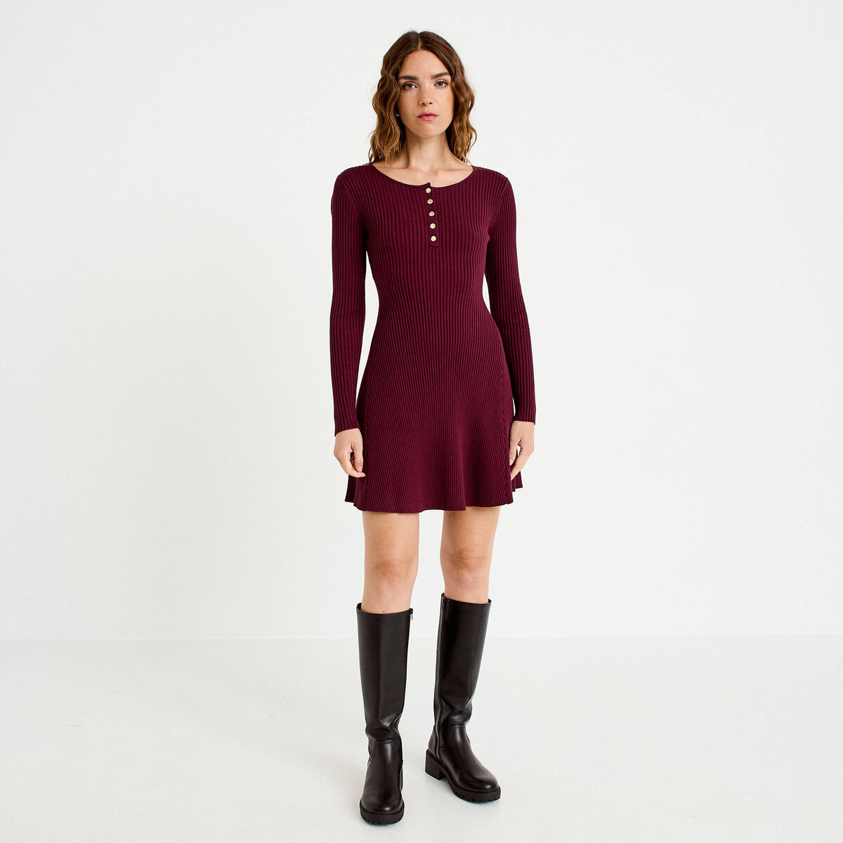 Robe pull patineuse manches longues bordeaux femme