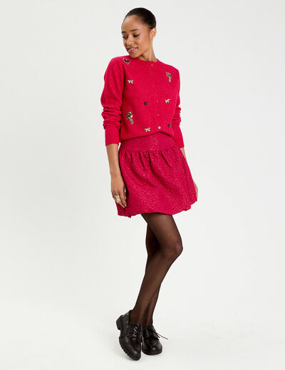 Gilet col rond manches longues rouge clair femme