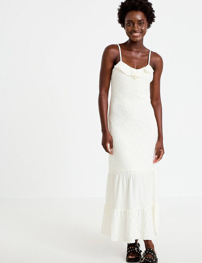 Robe longue &eacute;vas&eacute;e col v bretelles ecru femme
