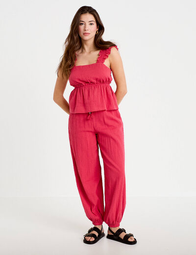 Pantalon large taille haute pliss&eacute; rose framboise femme