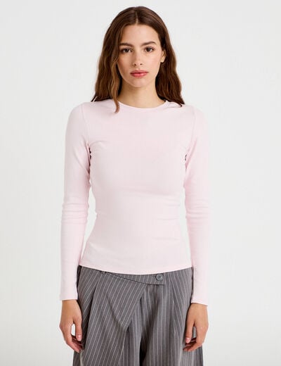 T-shirt cintr&eacute; col rond manches longues rose clair femme