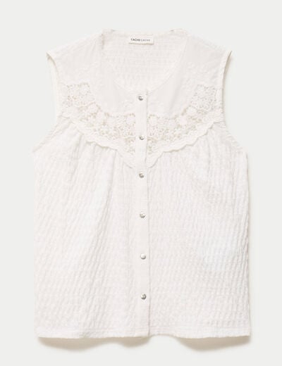 Blouse sans manches plastron brod&eacute; ecru femme