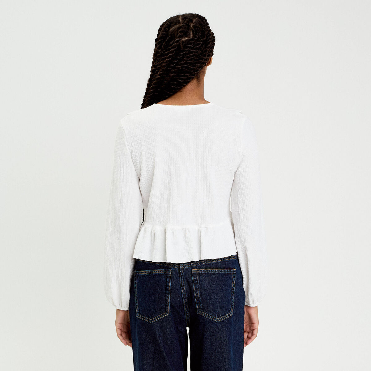Blouse cropped grand col brod&eacute; ecru femme