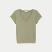 T-shirt ajust&eacute; col v manches courtes vert kaki femme
