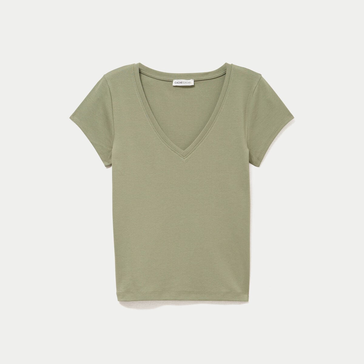T-shirt ajust&eacute; col v manches courtes vert kaki femme