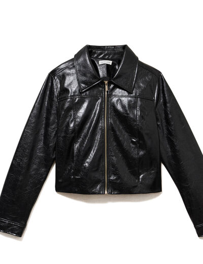 Veste droite cropped en similicuir noir femme