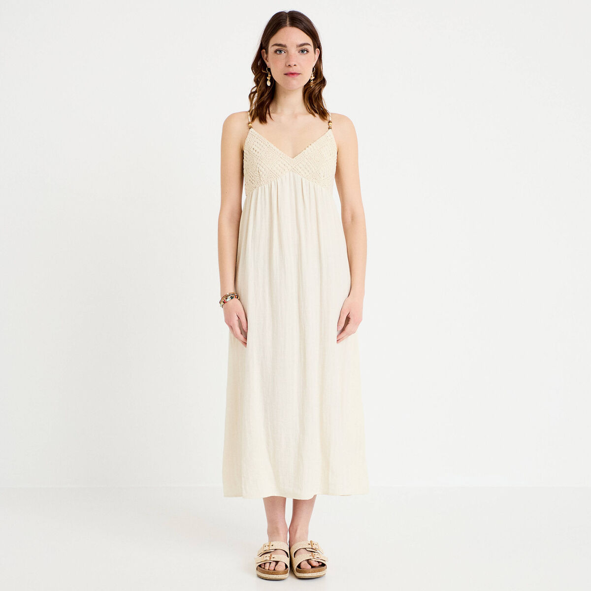 Robe bi-mati&egrave;re col v bretelles fines ecru femme
