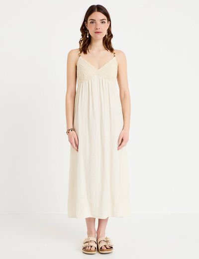 Robe bi-mati&egrave;re col v bretelles fines ecru femme