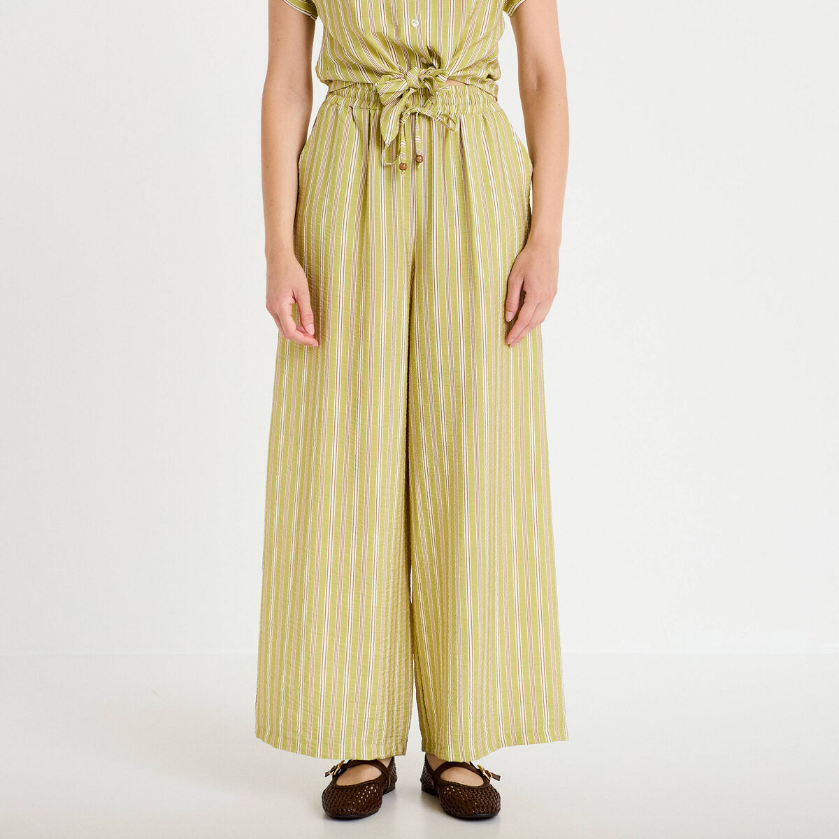 Pantalon large taille haute fluide vert kaki femme
