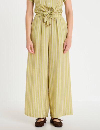 Pantalon large taille haute fluide vert kaki femme