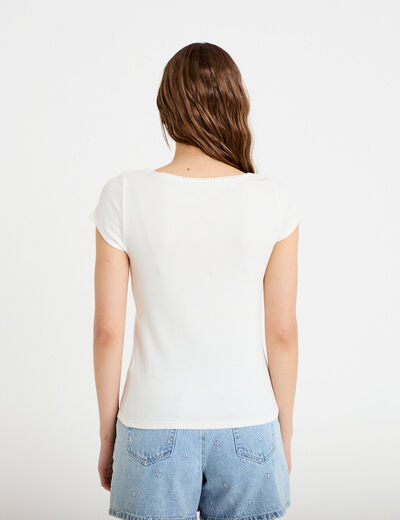 T-shirt cintr&eacute; d&eacute;collet&eacute; manches courtes ecru femme