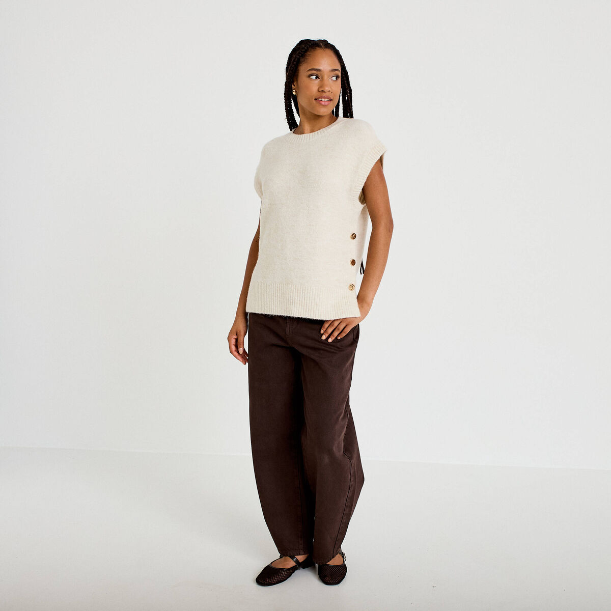 Pull sans manches ecru femme