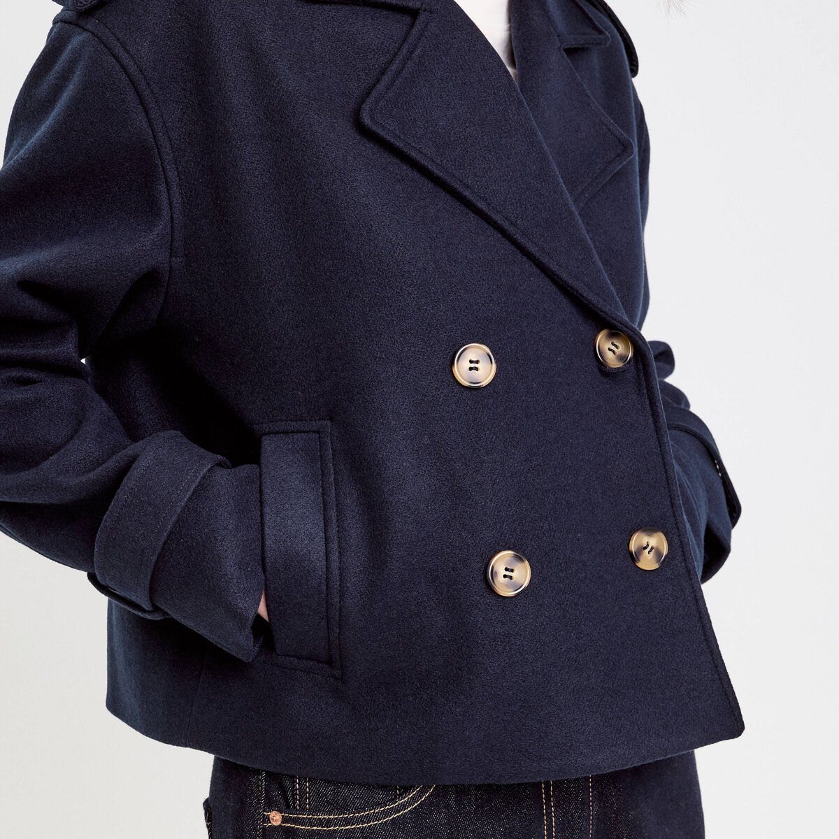 Trench droit court col tailleur bleu marine femme