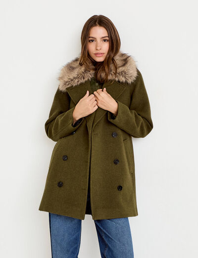 Manteau droit mi-long col tailleur vert kaki femme