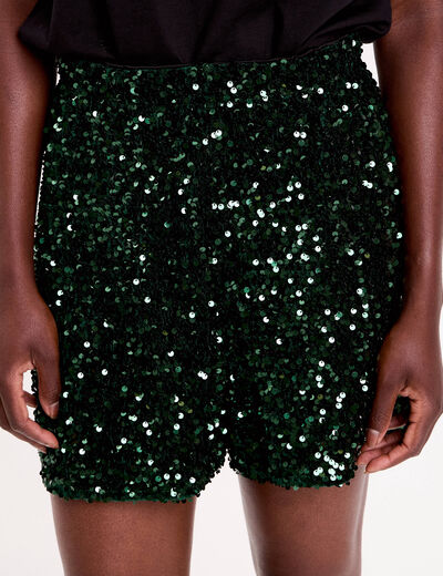 Short flare &agrave; sequins brillants vert fonc&eacute; femme