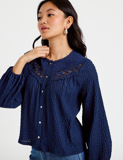 Blouse col rond manches longues bleu fonc&eacute; femme