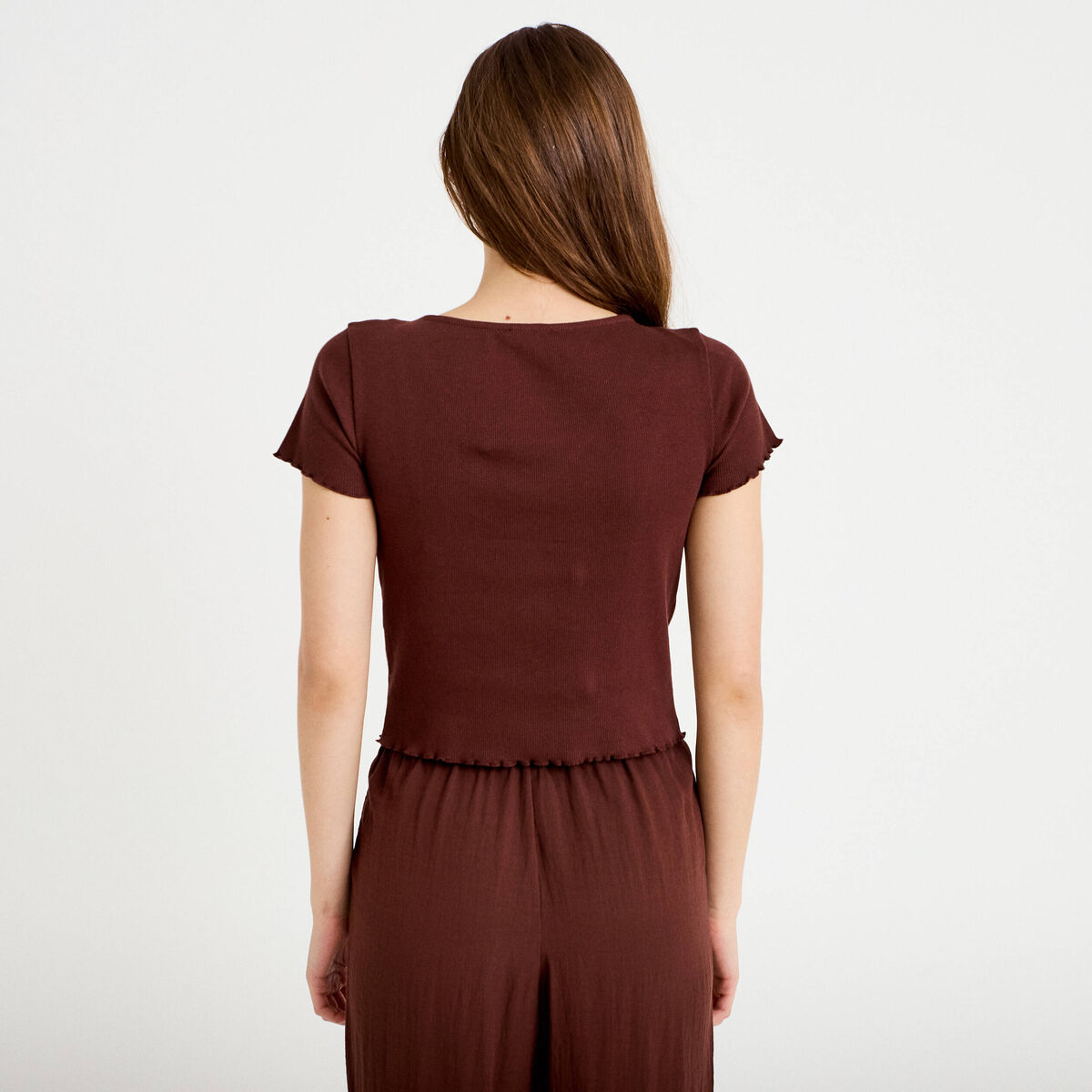 T-shirt c&ocirc;tel&eacute; manches courtes marron femme