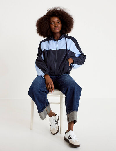 Veste cropped &agrave; capuche manches longues bleu marine femme