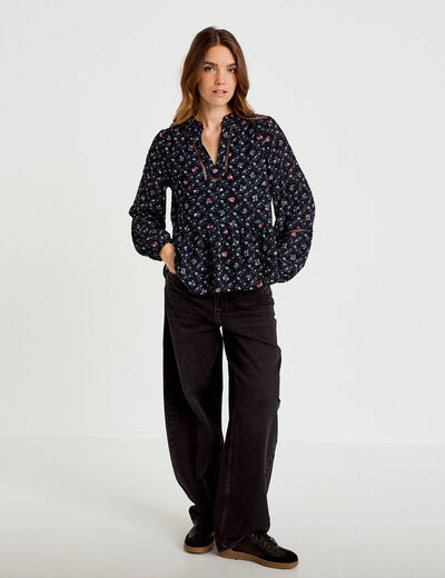 Chemise col v manches longues noir femme