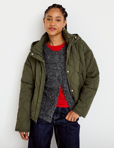 Veste droite &agrave; capuche manches longues vert kaki femme