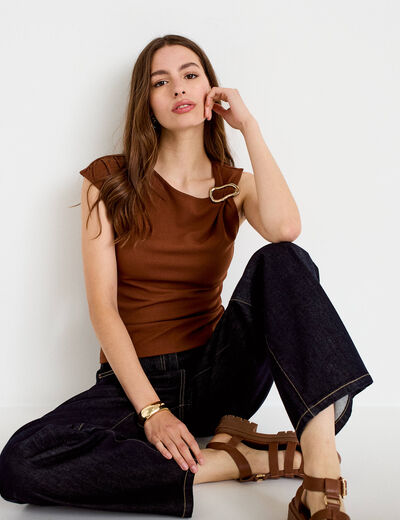 Top asym&eacute;trique d&eacute;tail bijou marron femme