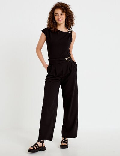 Pantalon large avec ceinture &agrave; bijou noir femme