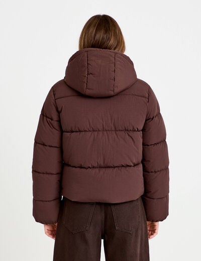 Doudoune droite cropped &agrave; capuche marron fonc&eacute; femme