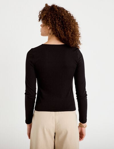T-shirt ajust&eacute; dentelle manches longues noir femme