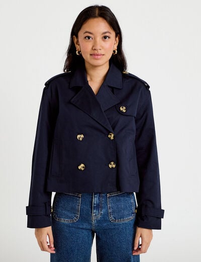 Trench droit court col tailleur bleu marine femme
