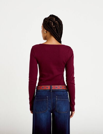 T-shirt c&ocirc;tel&eacute; ajust&eacute; manches longues bordeaux femme