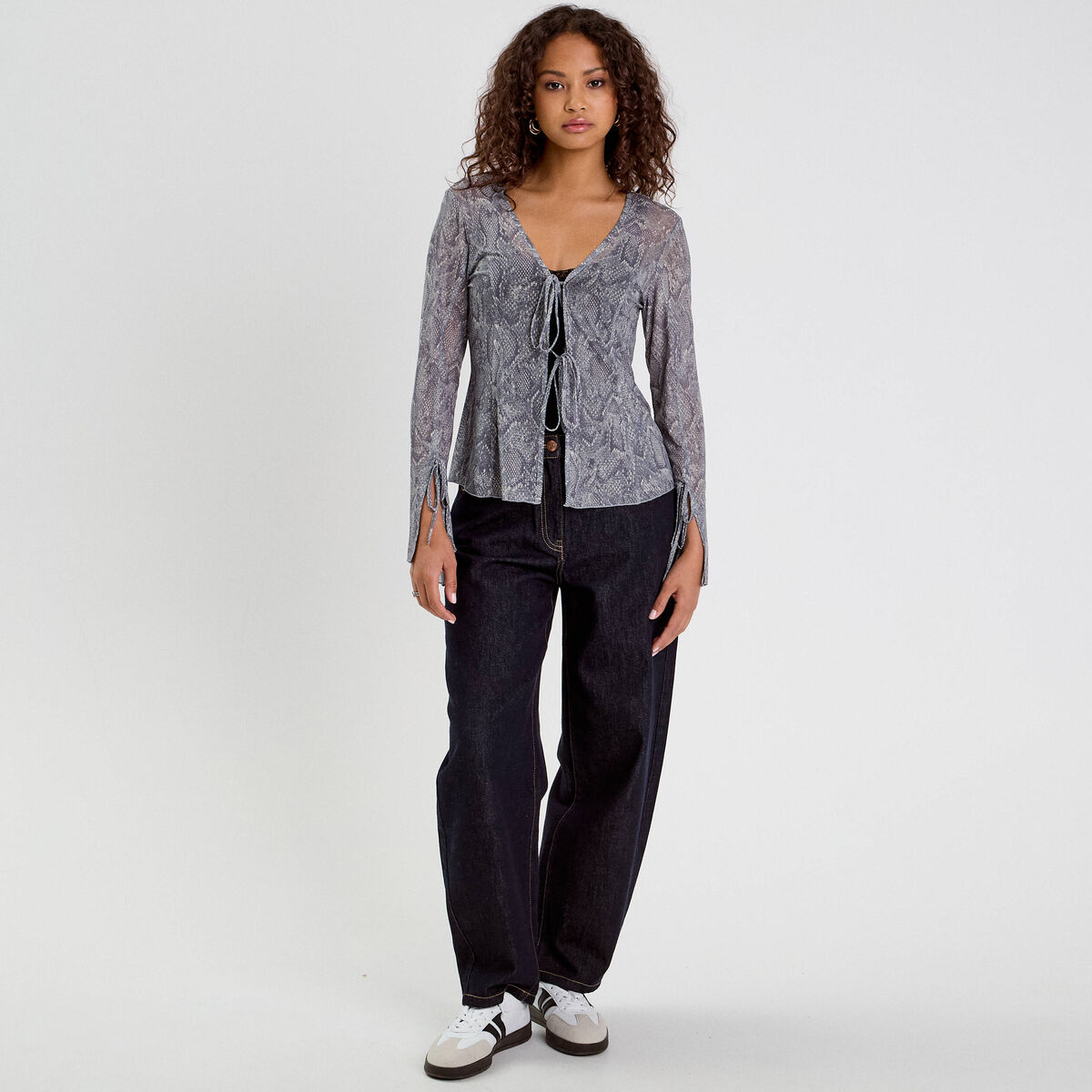 T-shirt manches longues noeuds bleu gris femme