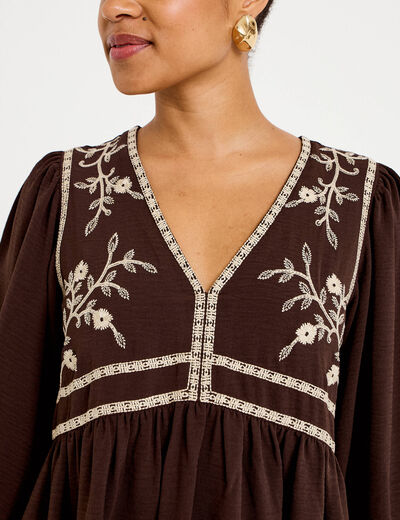 Robe droite courte col v manches 3/4 marron fonc&eacute; femme