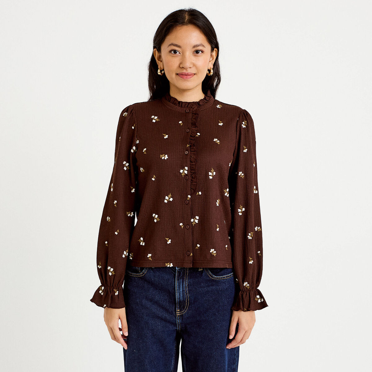Chemise droite broderie manches longues marron fonc&eacute; femme