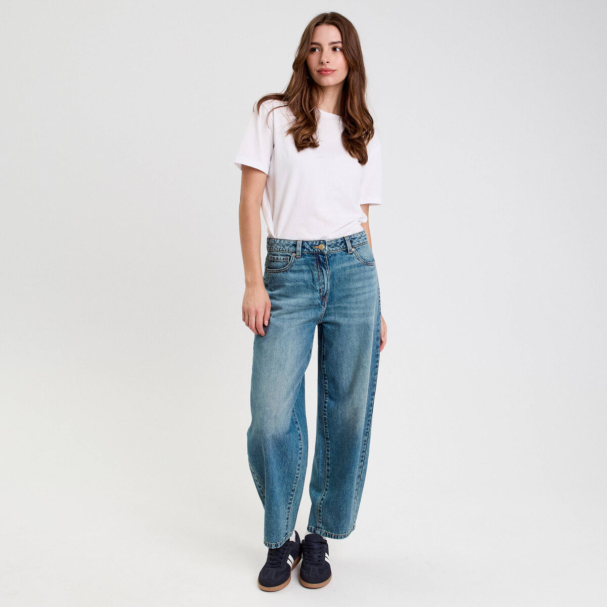 Jean barrel cropped taille standard denim double stone femme
