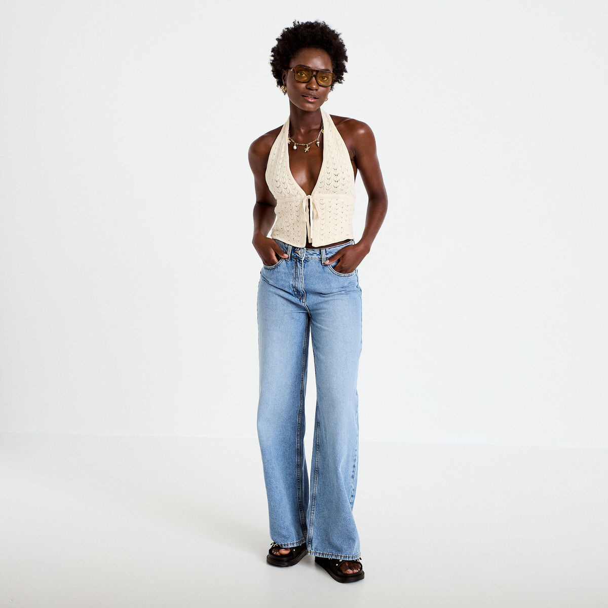 Top ajour&eacute; ecru femme