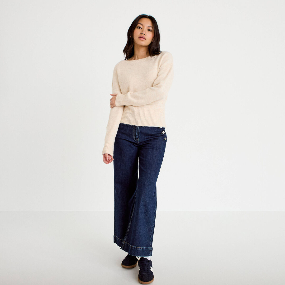 Jean wide leg cropped taille haute denim blue black femme
