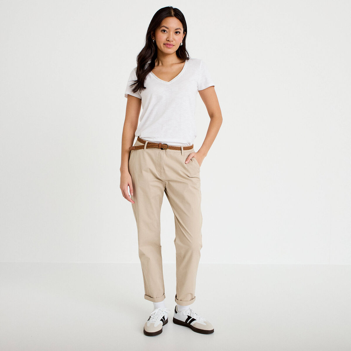 Pantalon chino 7/8&egrave;me beige femme