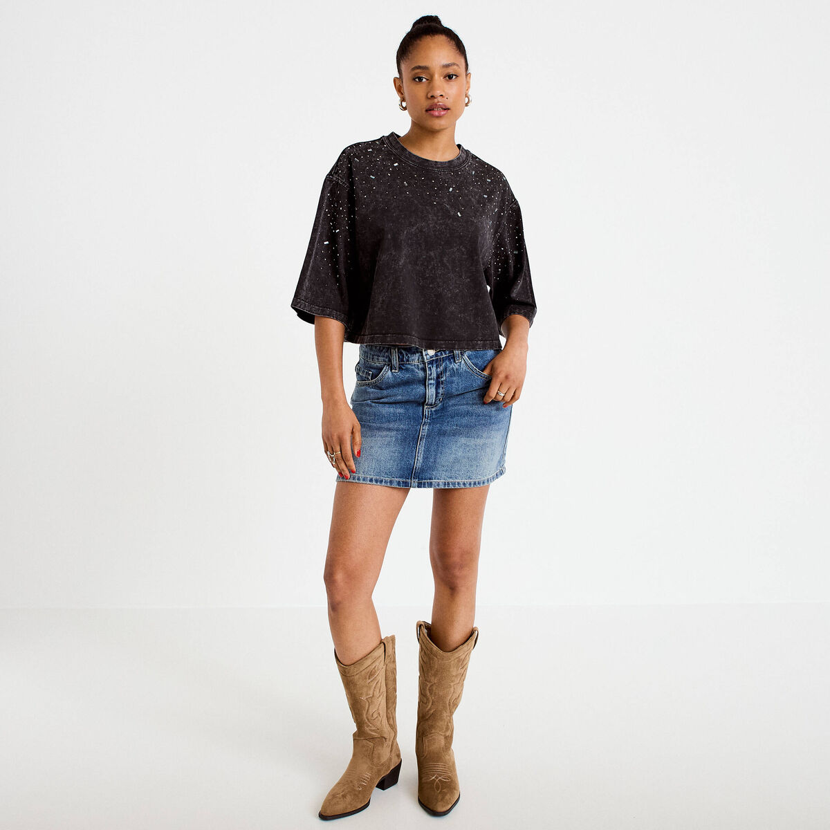 T-shirt oversize court manches longues noir femme