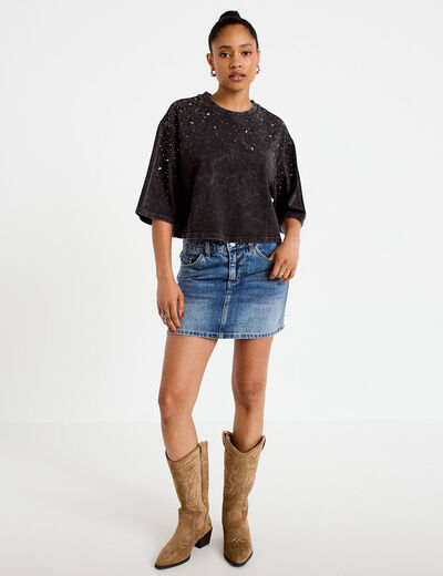 T-shirt oversize court manches longues noir femme