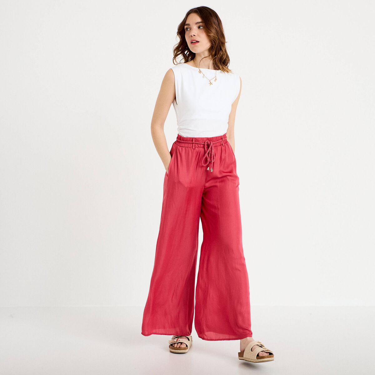 Pantalon large taille standard rose framboise femme