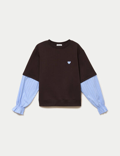 Sweat bi-mati&egrave;re manches longues marron fonc&eacute; femme