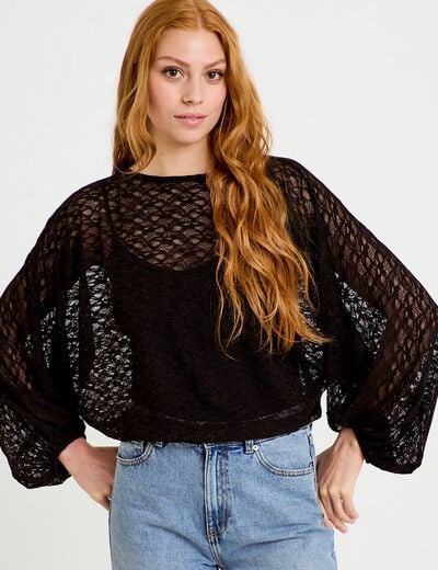 Blouse dentelle col rond manches longues noir femme