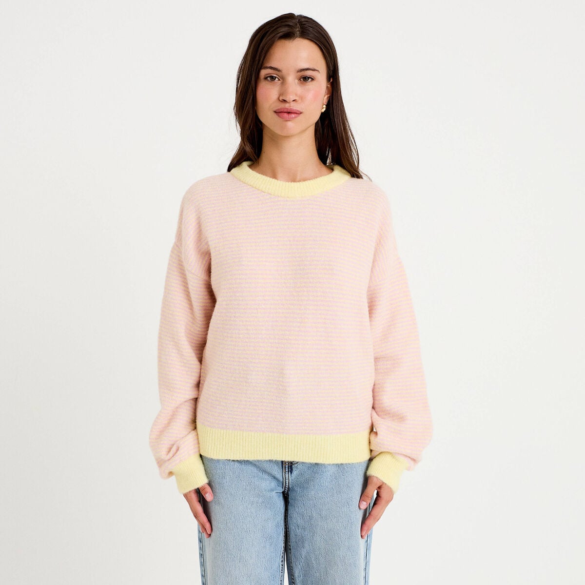 Pull ample col rond manches longues rose clair femme